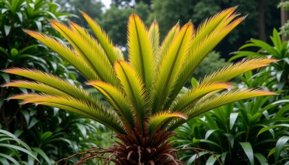 A vividly colored palm fronds in a dense tropical forest setting