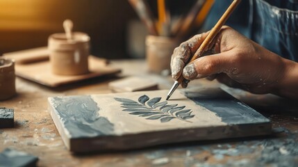 Craftsperson handpainting designs on ceramic tiles, delicate artistry on display