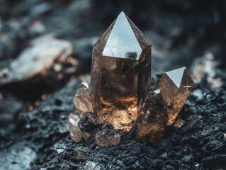 Smoky quartz placed on a bed of ashes, earthy and rugged.