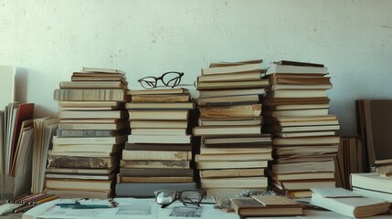 a stack of books and reading glasses on a table in a cozy workspace