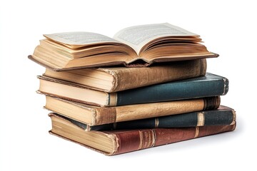 Excellent quality stack of books with an open book on top, isolated on a white backdrop. Generative Ai