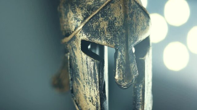 A macro smooth pan right shot of a spartan design, wet warrior metal bronze helmet, on a 360 rotating stand, studio lights, glow flare, water drops