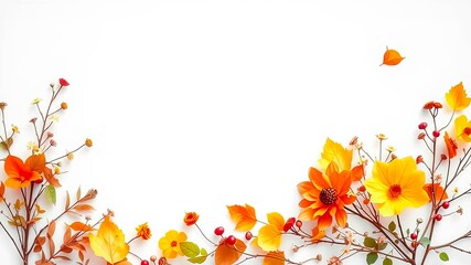 Fototapeta premium Autumnal Floral Border Design Featuring Orange and Yellow Flowers and Leaves on White Background