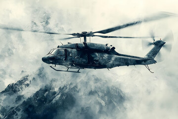 A military helicopter flying through a cloudy mountainous landscape.