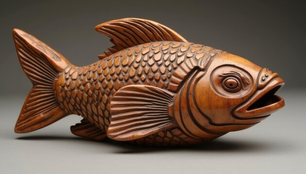 Wooden fish sculpture on display