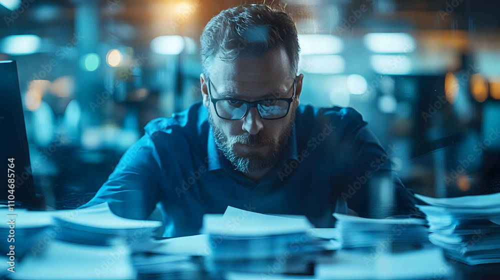 Poster a focused man analyzing documents in a dimly lit office space.