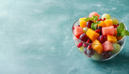 Refreshing mixed fruit salad bowl summer picnic food photography natural setting bright colors healthy lifestyle