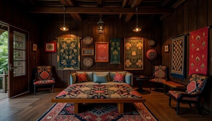 Living room with wooden walls and furniture, colorful rugs, patterned pillows, and hanging artworks