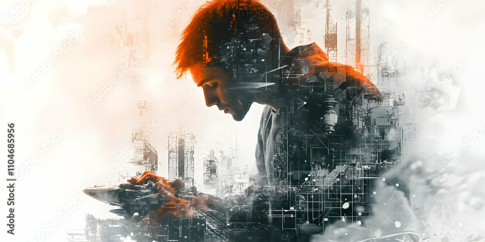 Poster a contemplative figure immersed in a digital landscape, blending human emotion with technology.
