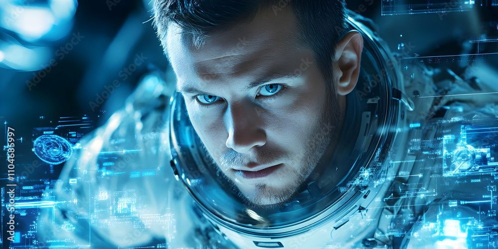 Poster A close-up of an astronaut with a futuristic digital interface overlay.
