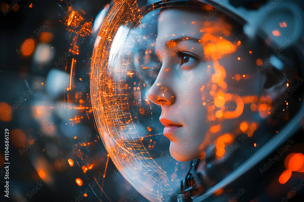 Poster a futuristic astronaut's face with digital overlays and glowing effects.