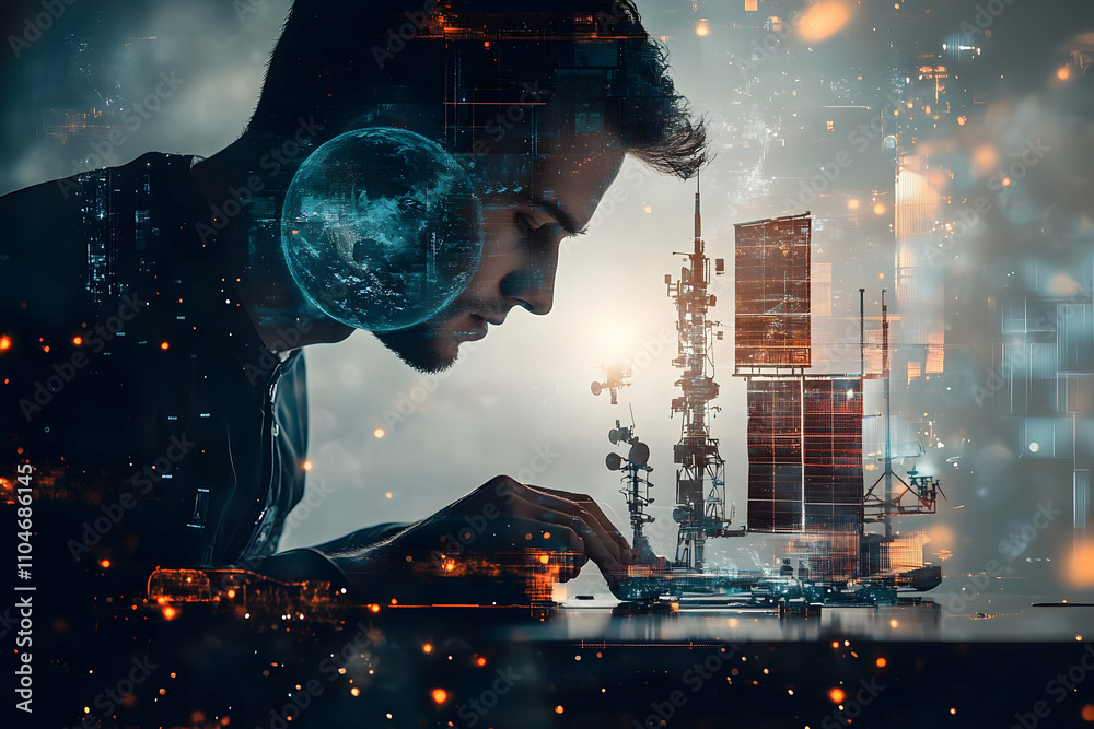 Poster a futuristic scene of a man working on technology related to space exploration.