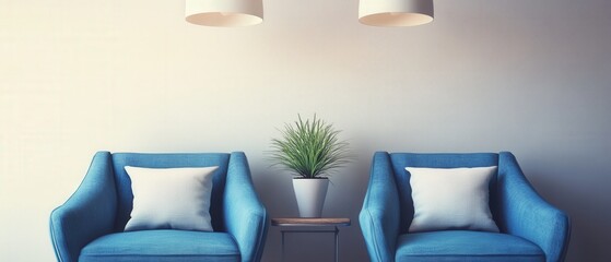 modern living room with blue chairs and a potted plant