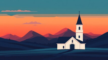 Scenic Church at Sunset with Mountains in Background