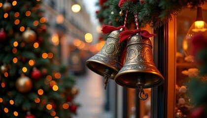 Metal bells adorned with red ribbons hanging from Christmas wreath