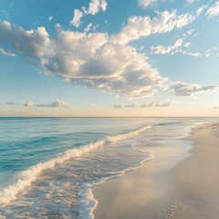 Obraz premium serene beach landscape with gentle waves and fluffy clouds