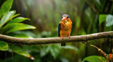Colorful bird perched on branch in dense, leafy forest