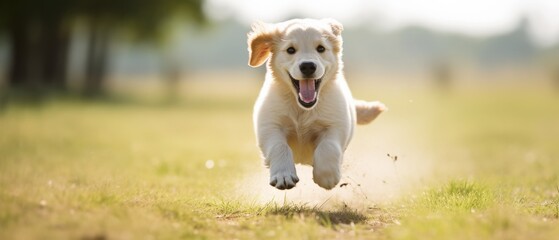 happy puppy running on a sunny day in a grassy field