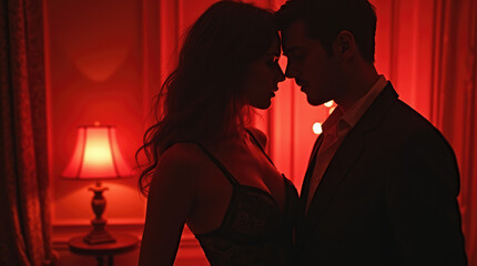 Sensual Double Exposure. Captivating artistic photo from the 1980s featuring a woman wearing black lace and a man in a penthouse bedroom at night. Romantic Red Noir concept
