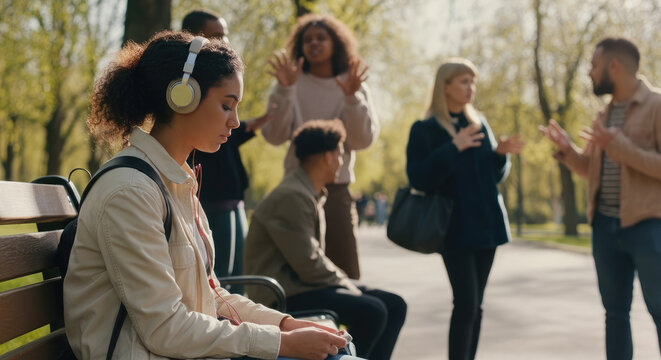 Teenage girl with headphone sitting on bench, other teens talking sunny day in park