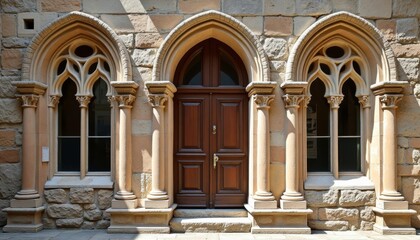 Gothic-style arched door with ornate windows in a stone building