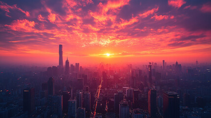 Fototapeta premium Fiery Sunset over City Skyline Dramatic Urban Landscape