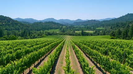 Breathtaking Scenic View of Lush Vineyards Nestled Among Serene Rolling Green Hills and Mountains. Scenic Beauty of Nature Concept