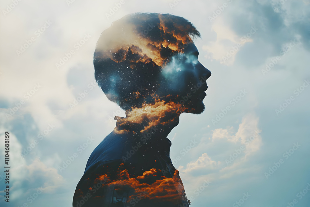 Poster a silhouette of a person blended with vibrant clouds, symbolizing introspection and imagination.