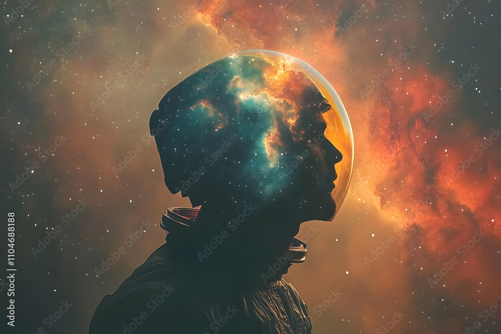 Poster a silhouette of an astronaut filled with a cosmic scene, symbolizing exploration and imagination.