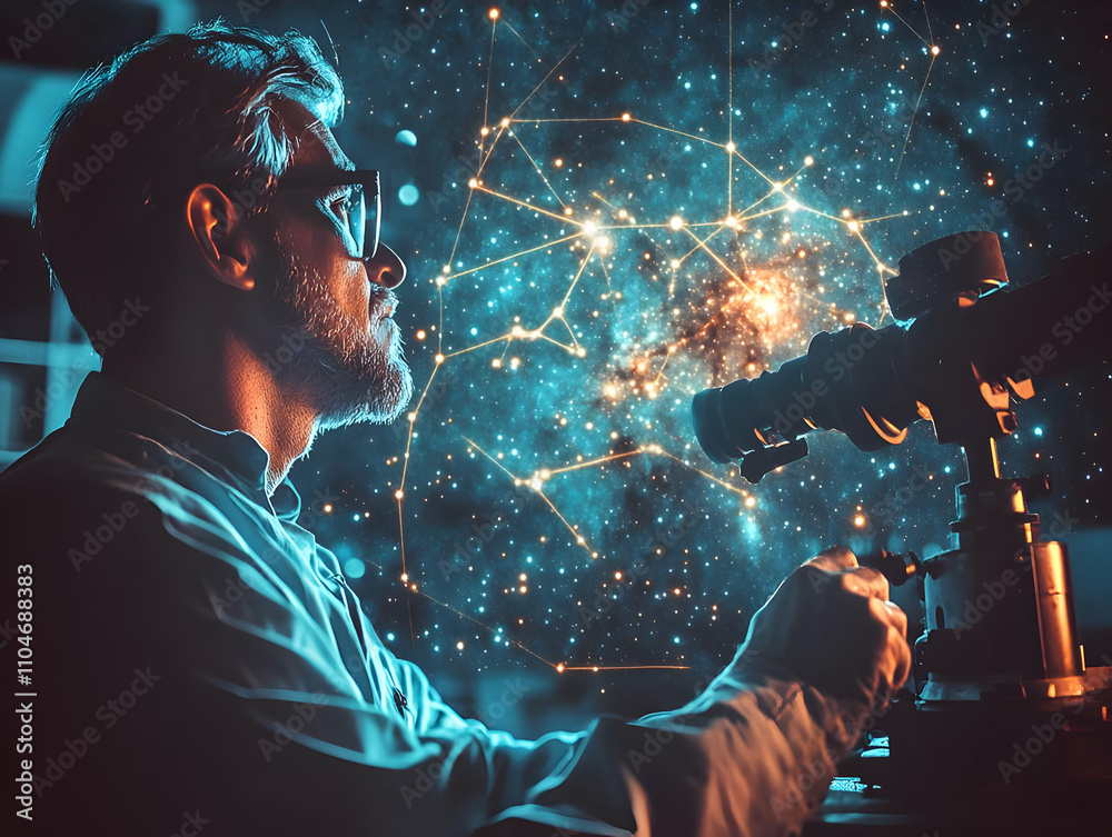 Poster a scientist observes the cosmos through a telescope, surrounded by a starry galaxy backdrop.