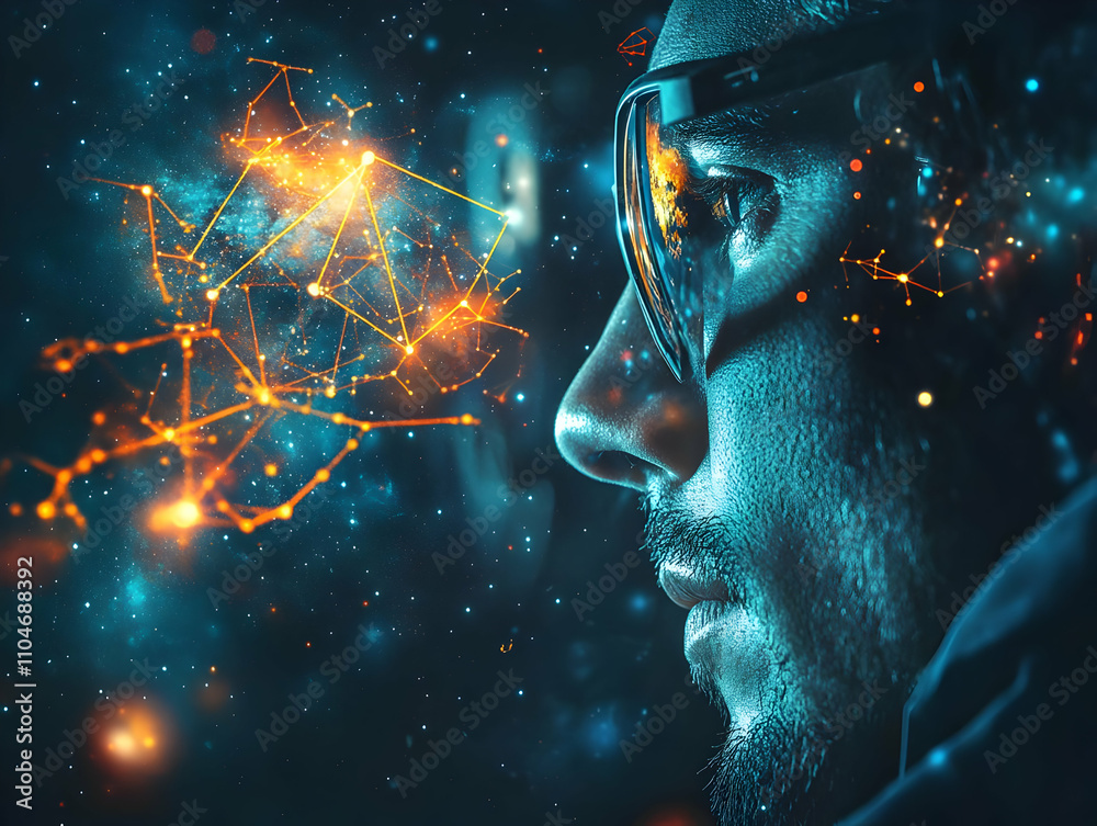 Poster a futuristic portrait of a person with glasses, surrounded by cosmic elements and connections.