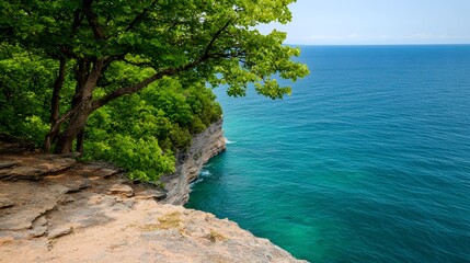 Fototapeta premium A Serene Cliffside Overlooking the Tranquil Waters of a Vast Ocean Under a Clear Blue Sky. Scenic Beauty of Nature Concept