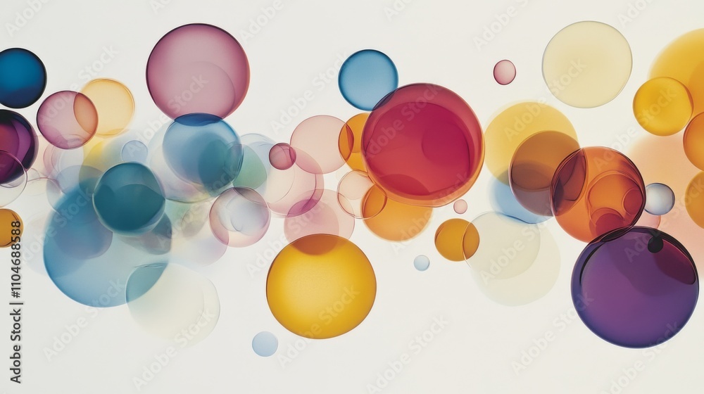Poster colorful abstract bubbles floating on white background in vivid tones