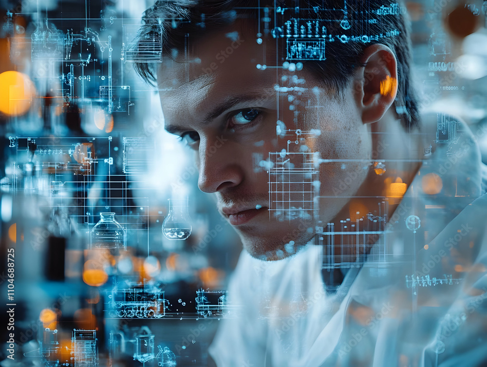 Poster A focused scientist surrounded by digital data and technology elements in a lab setting.