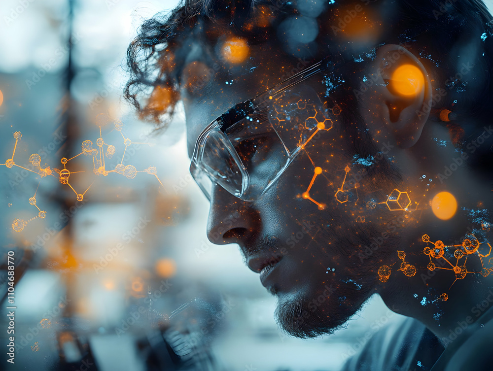 Poster a focused individual with glasses, surrounded by digital elements representing scientific concepts.