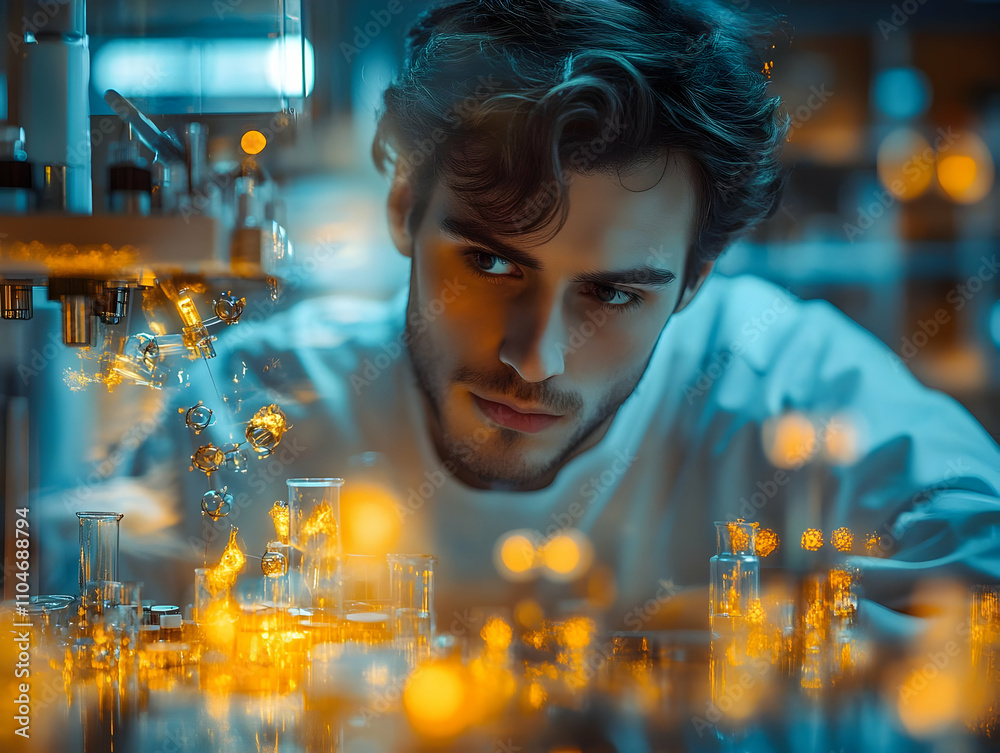 Poster A focused scientist examines experiments in a laboratory filled with glowing liquids.