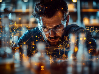 A scientist examines chemical reactions amid laboratory glassware and digital data overlays.