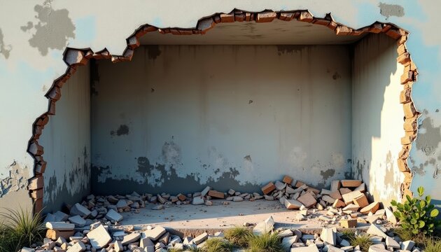 Dilapidated room with crumbling walls and floor covered in debris