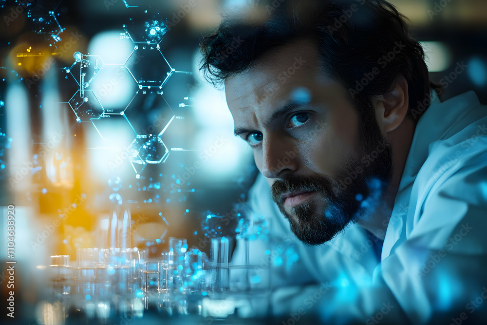 Poster A focused scientist in a lab, exploring molecular structures and research.