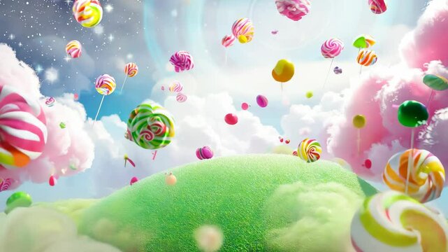 Surreal candy land sweet lollipops and cloud cotton candy wonderland