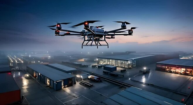 Drone Hovering Over Foggy Warehouse