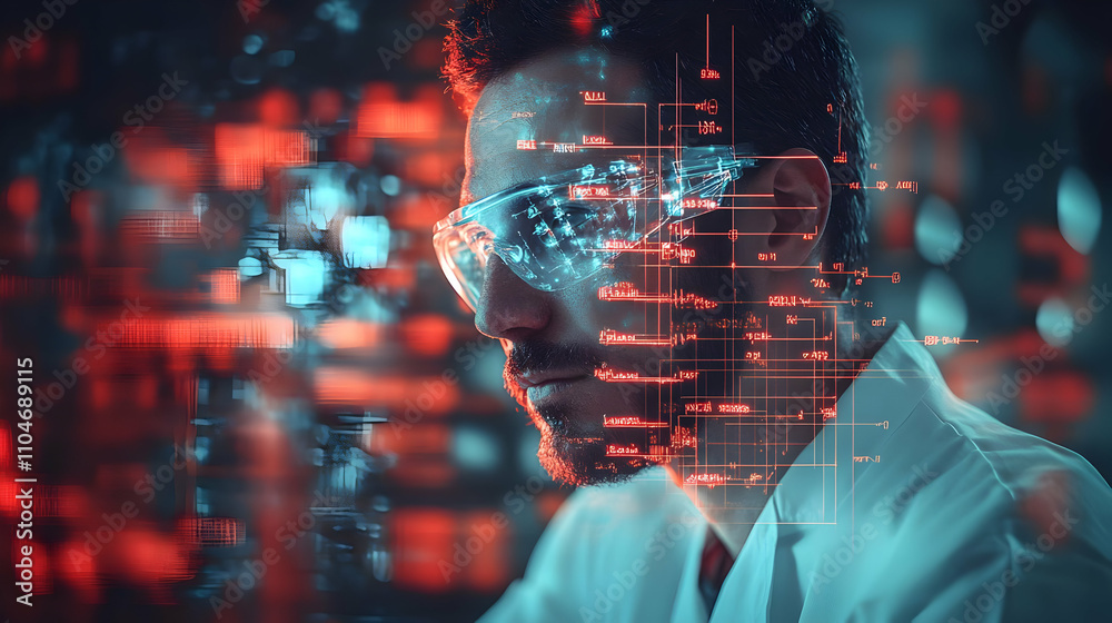 Poster a scientist in glasses analyzes digital data, blending technology and research.