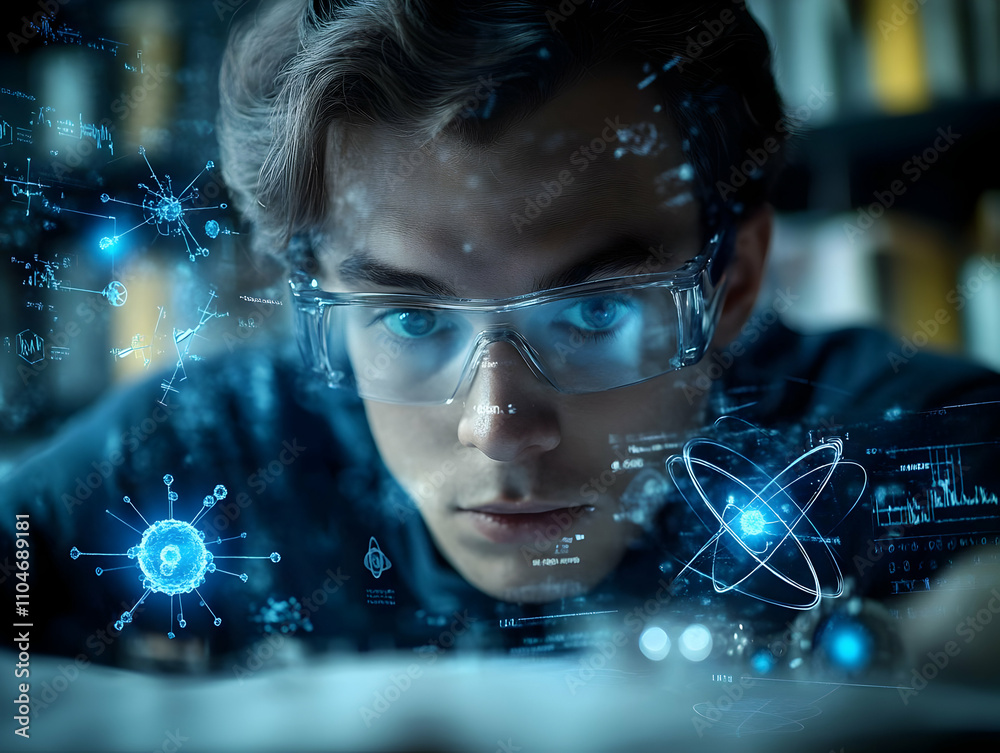 Poster a focused young man in glasses surrounded by digital scientific elements and data visualizations.