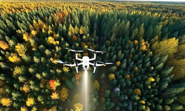 Drone in Action Spraying Liquid Above Forest Trees