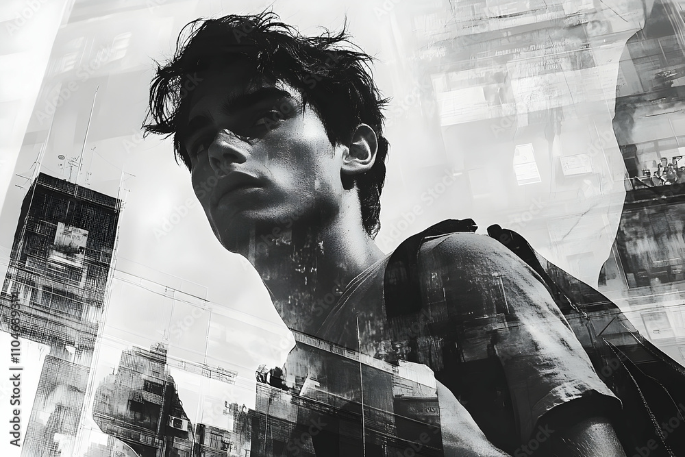 Poster A monochrome portrait of a young man with an urban backdrop, conveying introspection and depth.