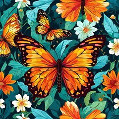 Stunning close-up of colorful butterflies resting on vibrant flowers, creating a harmonious blend of natures beauty. Ideal for floral themes, nature projects, greeting cards, print, digital designs.