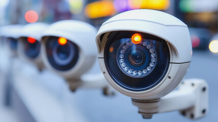 A row of security cameras are mounted on a pole. The cameras are all facing the same direction and are all lit up. The scene is set in a city, with cars and other vehicles visible in the background