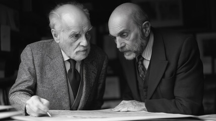 Two men are sitting at a table looking at a map. One of them is wearing a tie