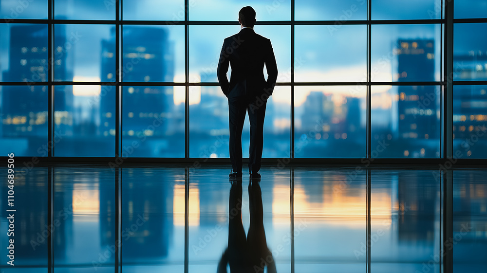 Wall mural A man in a suit stands in front of a window looking out at the city. Concept of loneliness and contemplation, as the man is lost in thought