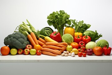 fresh assortment of colorful vegetables and fruits on a white background